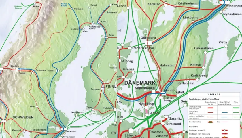 SJ Sweden: Karte der Zugverbindungen in Schweden, Dänemark und Finnland.