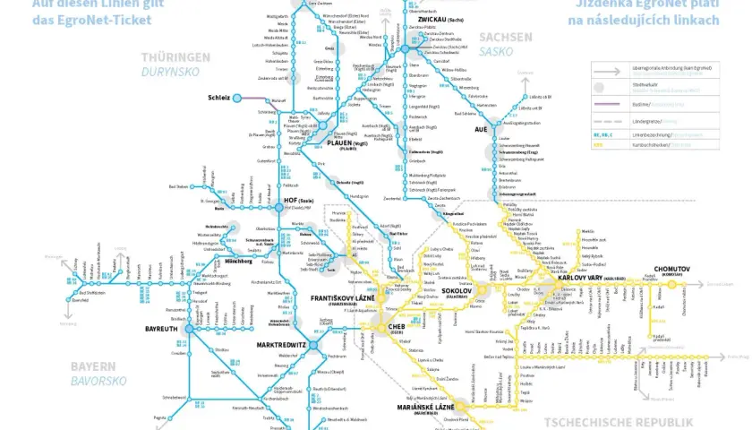 Eisenbahnverbindungen auf diesen Linien gilt das EgroNet-Ticket. Die Karte zeigt ein Netz von Bahnstrecken in Deutschland und Tschechien, ähnlich den dänischen Eisenbahnen.