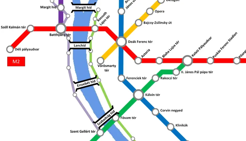 Budapest train map showing M2 line connecting stations like Batthyány tér and Keleti Pályaudvar across the Danube.