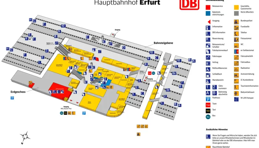 Plan des erfurter hauptbahnhofs mit Gleisen, Geschäften, Gastronomie und Serviceeinrichtungen.