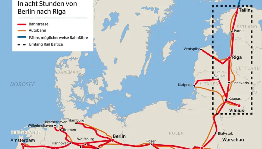 Karte zeigt Bahnstrecken und Autobahnen von Deutschland über Polen und die baltischen Staaten nach Finnland. Die litauischen Eisenbahnen sind Teil des Rail Baltica Projekts.