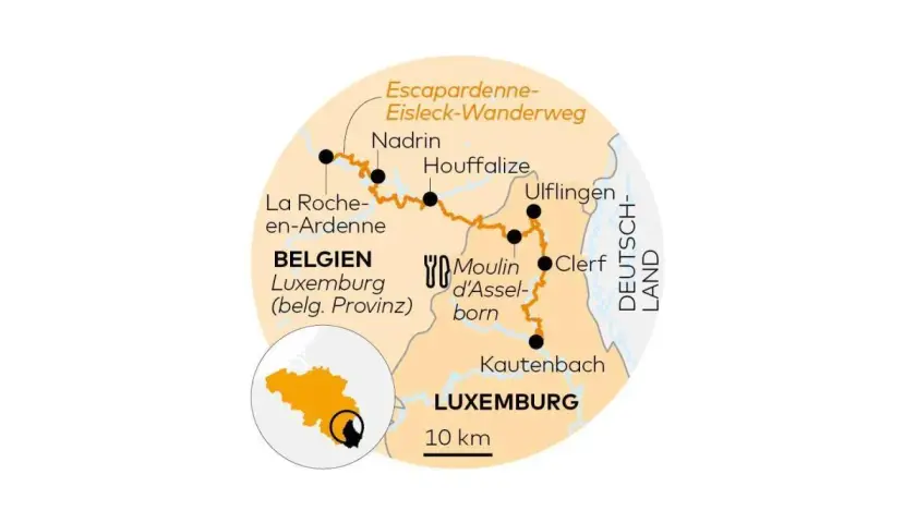 Karte des Escapardenne-Eisleck-Wanderwegs durch Belgien und Luxemburg, mit Orten wie La Roche-en-Ardenne und Clervaux. Die belgian railways sind hier Teil einer malerischen Route.