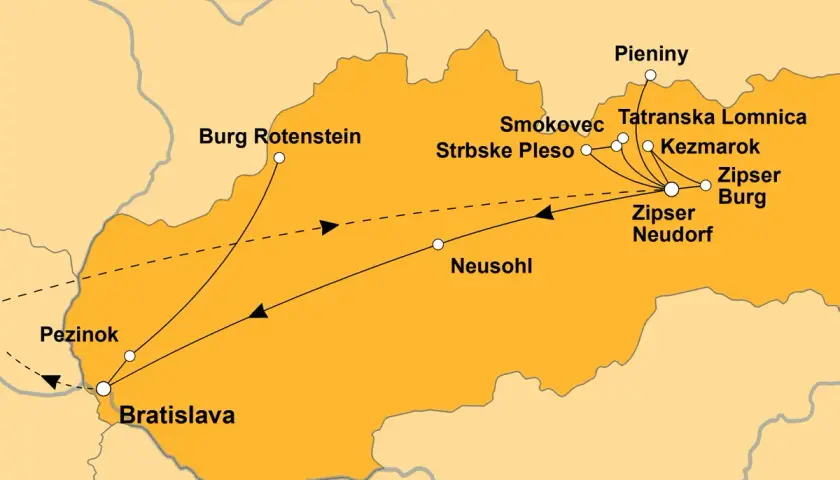 Karte einer Zugreise durch die Slowakei: von Bratislava über Burg Rotenstein und Neusohl bis zu den Hohen Tatra-Orten wie Tatranska Lomnica und Zipser Burg.