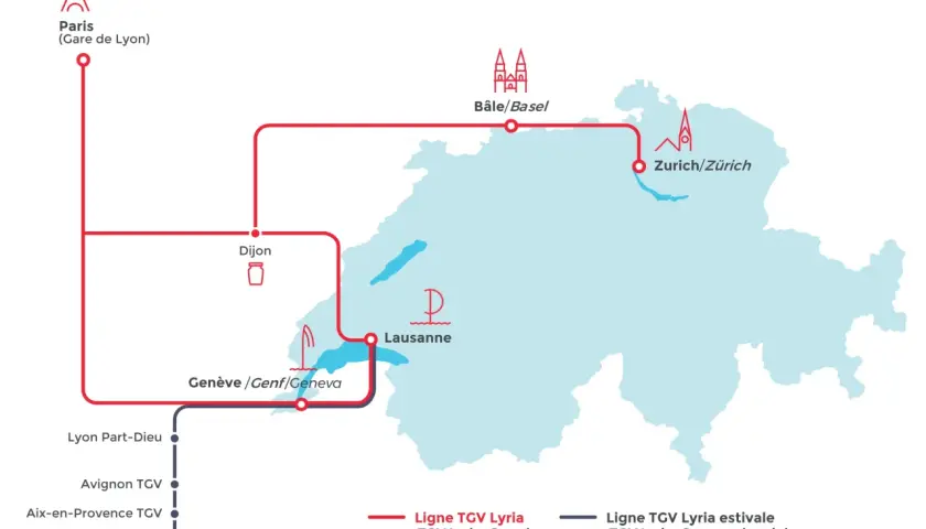 Karte zeigt TGV Lyria routes von Paris über Dijon und Genf nach Lausanne und Zürich, sowie südliche TGV Lyria routes nach Marseille.