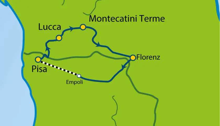 Karte zeigt Zugroute von Pisa über Lucca und Montecatini Terme nach Florenz.