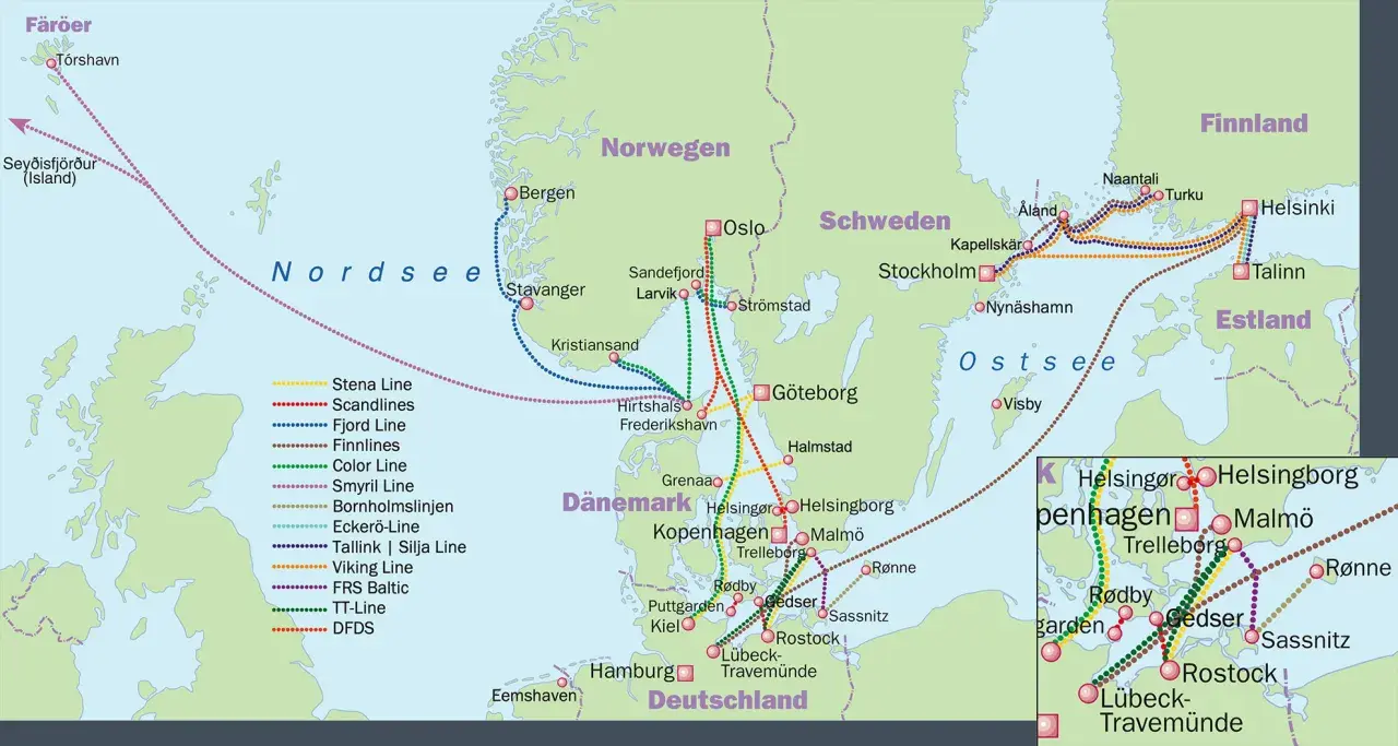 Fährroutenkarte Nordeuropa: Verbindungen von Dänemark, Deutschland, Norwegen, Schweden, Finnland, Estland und den Färöern.