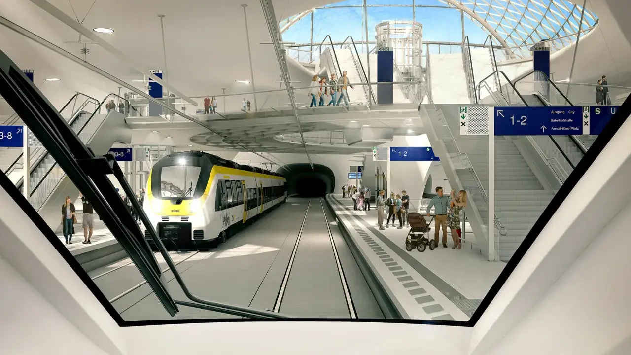 Moderner Bahnhof mit Zug, Rolltreppen und Wartenden. Ein heller, futuristischer Ort, der den besten Bahnhof Deutschlands repräsentiert.