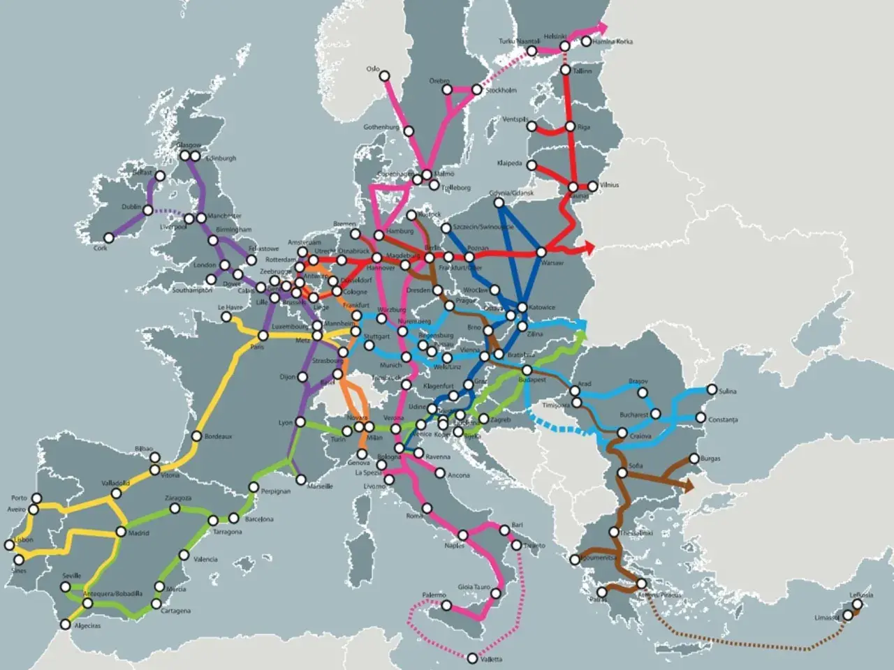 Karte zeigt das Netz des Hochgeschwindigkeitsverkehrs in Europa, mit Linien, die wichtige Städte verbinden.