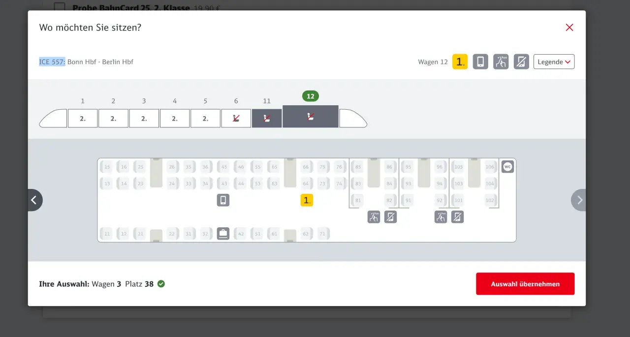 Sitzplatzauswahl für eine ICE-Fahrt. Hier werden die verfügbaren Plätze für Eurail reservations angezeigt, mit Optionen zur Auswahl von Wagen und Sitzplatz.