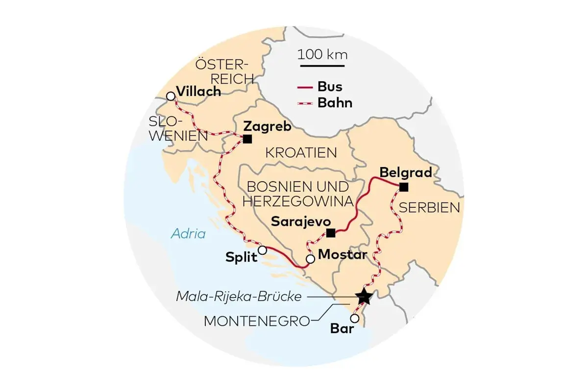 Karte zeigt Bahnstrecken der kroatischen Eisenbahnen von Villach über Zagreb, Split und Mostar nach Bar.