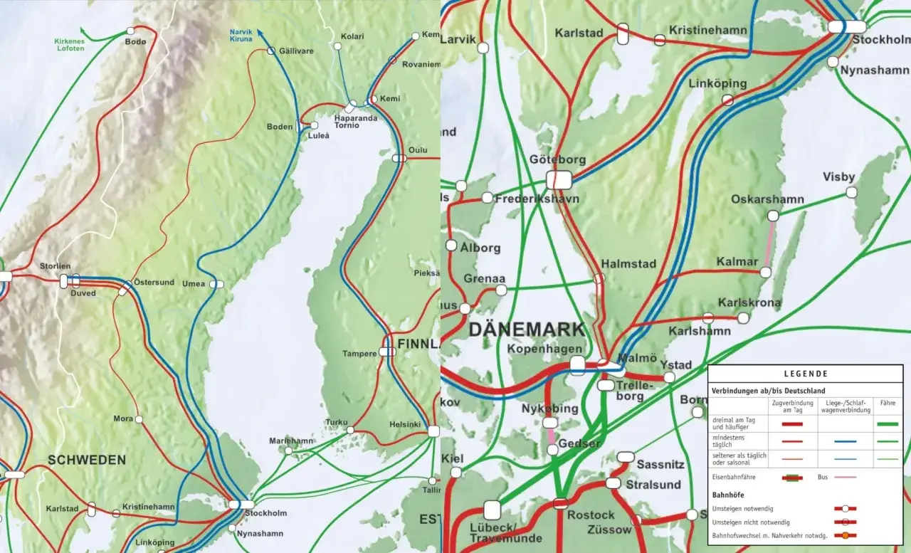 SJ Sweden: Karte der Zugverbindungen in Schweden, Dänemark und Finnland.