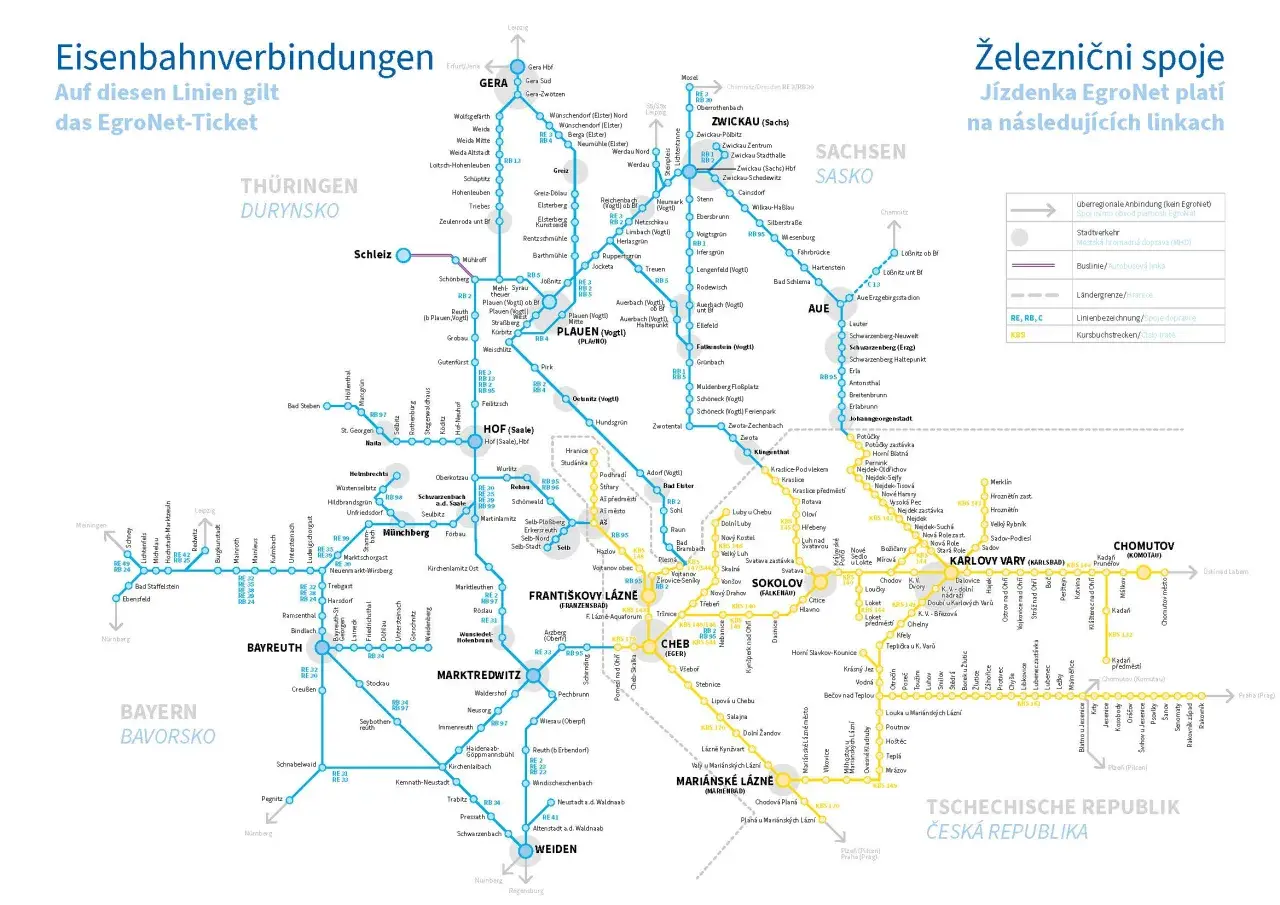 Eisenbahnverbindungen auf diesen Linien gilt das EgroNet-Ticket. Die Karte zeigt ein Netz von Bahnstrecken in Deutschland und Tschechien, ähnlich den dänischen Eisenbahnen.
