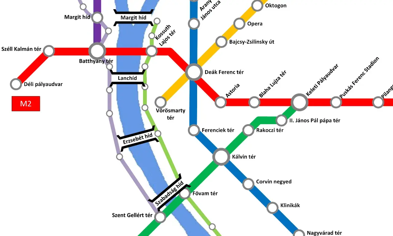 Budapest train map showing M2 line connecting stations like Batthyány tér and Keleti Pályaudvar across the Danube.