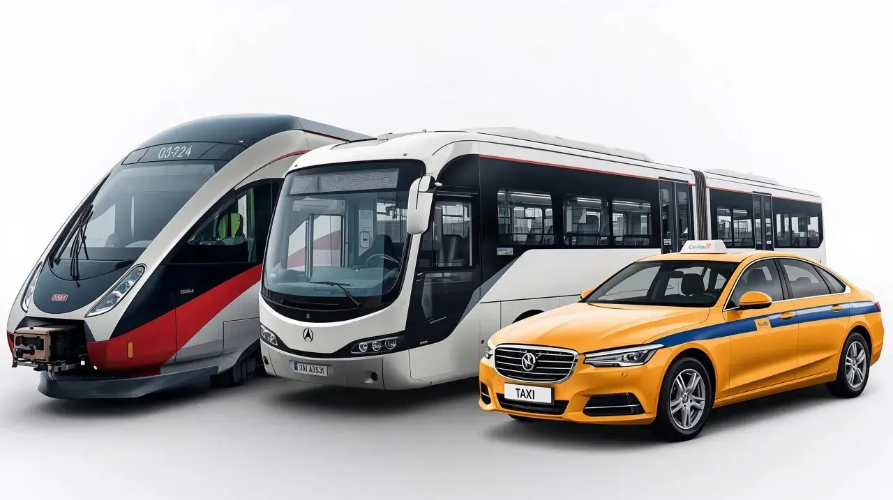 Moderner Zug, Bus und gelber Taxi in Slowenien.