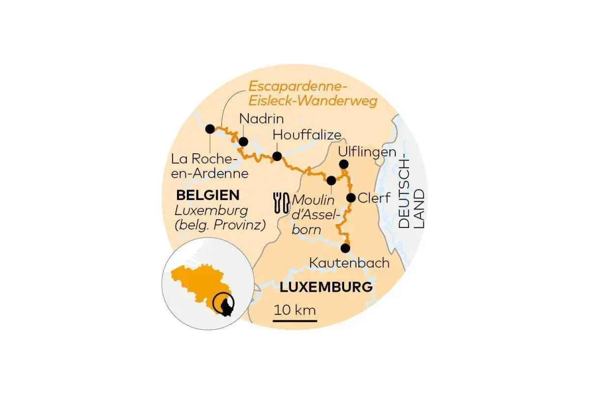 Karte des Escapardenne-Eisleck-Wanderwegs durch Belgien und Luxemburg, mit Orten wie La Roche-en-Ardenne und Clervaux. Die belgian railways sind hier Teil einer malerischen Route.