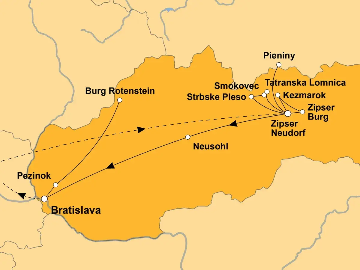 Karte einer Zugreise durch die Slowakei: von Bratislava über Burg Rotenstein und Neusohl bis zu den Hohen Tatra-Orten wie Tatranska Lomnica und Zipser Burg.