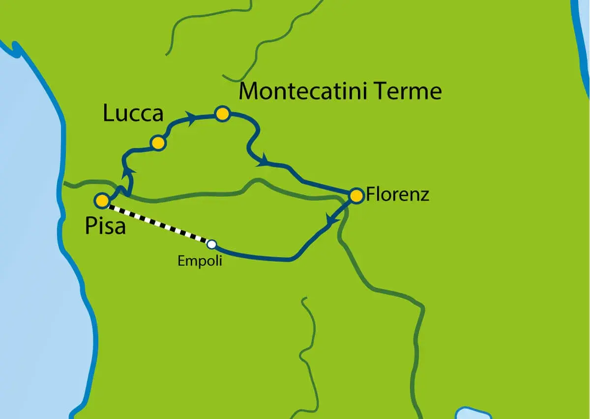 Karte zeigt Zugroute von Pisa über Lucca und Montecatini Terme nach Florenz.