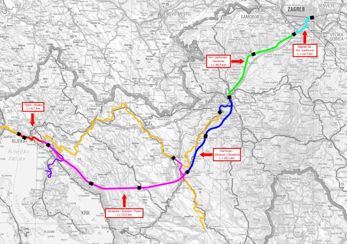 Karte der kroatischen Eisenbahnen mit markierten Strecken und Entfernungen.