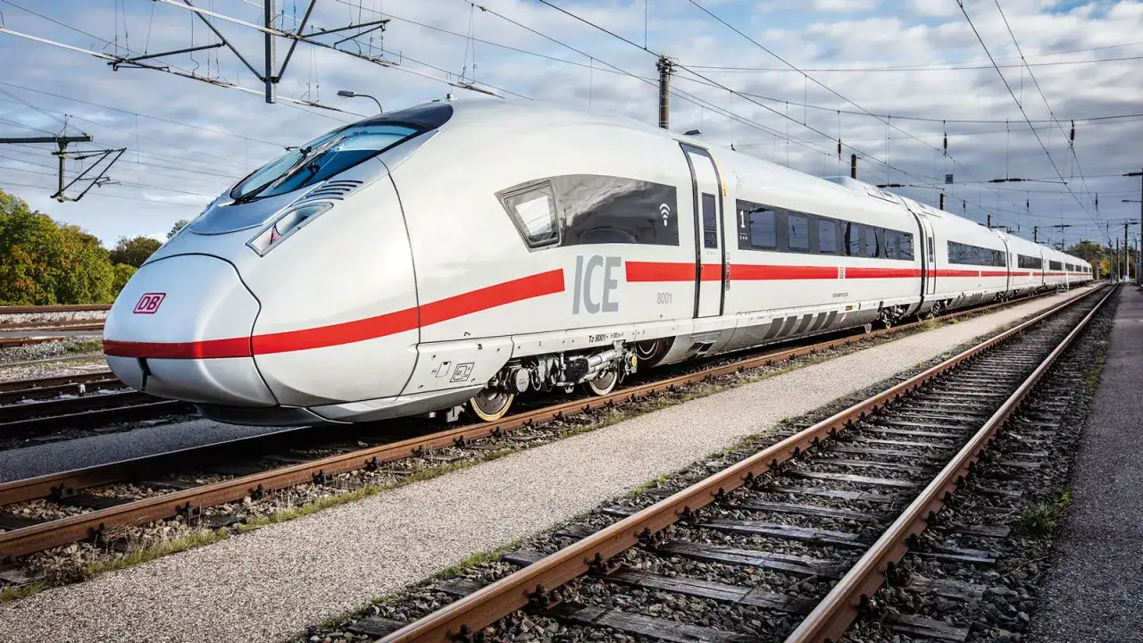 Der ICE 8001, der schnellste Zug Deutschlands, f&auml;hrt auf Gleisen.
