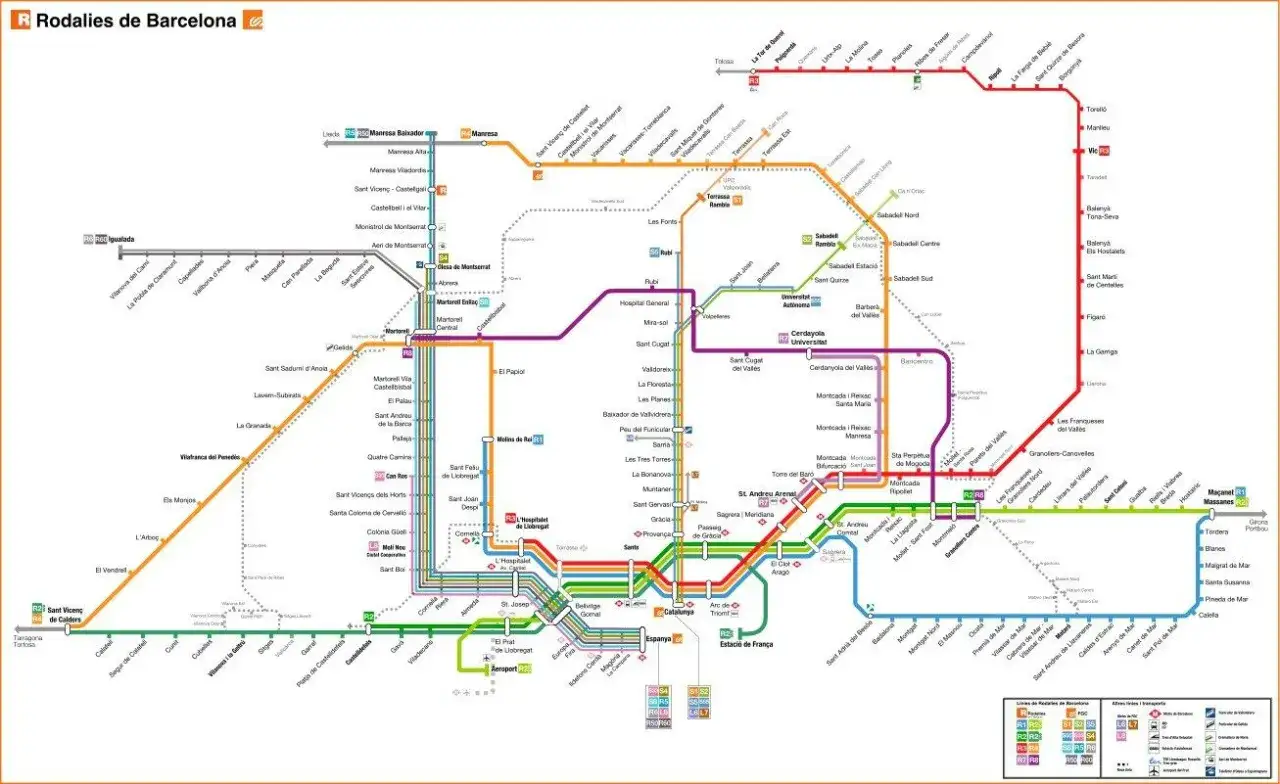 Die Karte zeigt das Netz der Rodalies de Barcelona. Planen Sie Ihre nächste Zugreise nach Barcelona mit diesem Streckennetz.