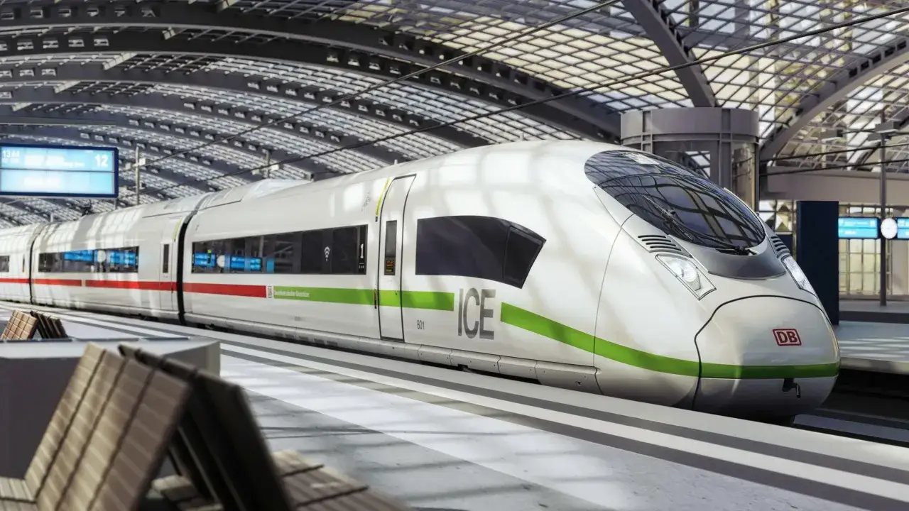 Moderner ICE-Hochgeschwindigkeitszug in Deutschland wartet auf dem Bahnsteig unter einem Glasdach.