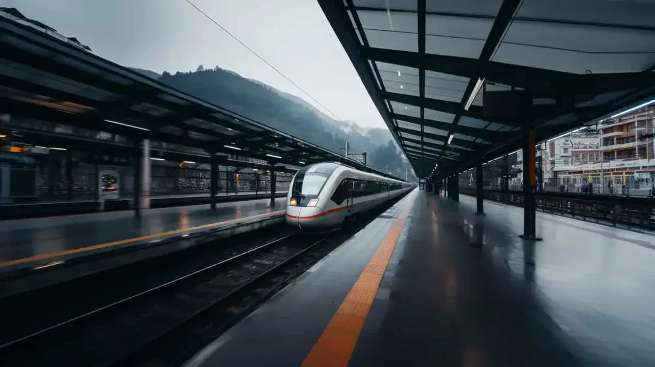 Moderner Zug f&auml;hrt auf Gleisen im Bahnhof, bereit f&uuml;r die Fahrt von Venedig nach Mailand.