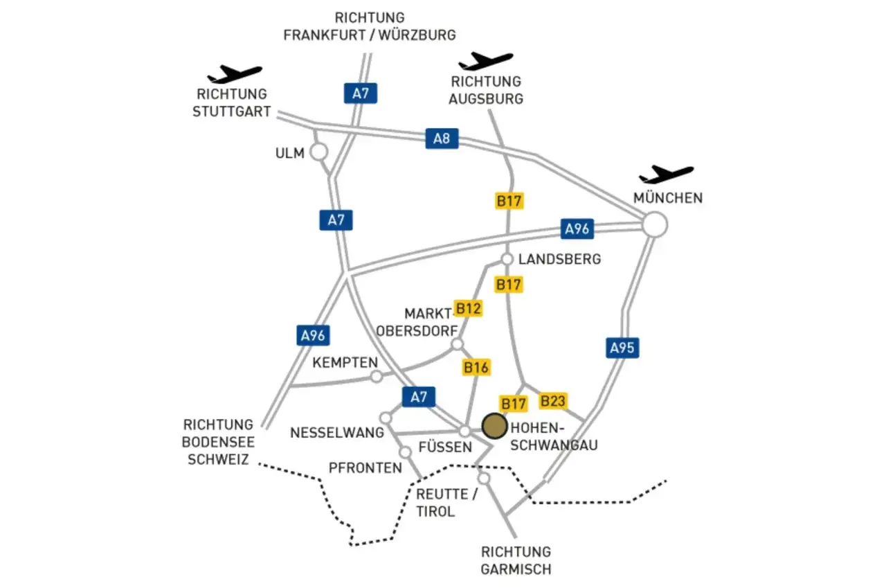 Karte zeigt Anreise nach Neuschwanstein mit Auto und Zug. Autobahnen A7, A8, A96, A95 und Bundesstra&szlig;en B12, B16, B17, B23 f&uuml;hren nach F&uuml;ssen und Hohenschwangau.