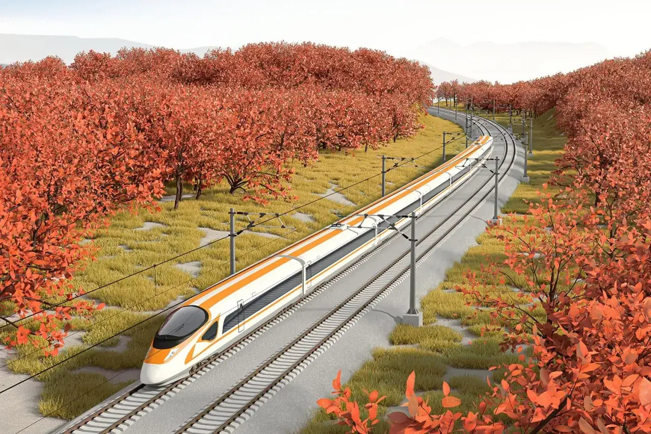 Schnellzug fährt durch eine Herbstlandschaft, die an die Strecke ave Barcelona Madrid erinnert.