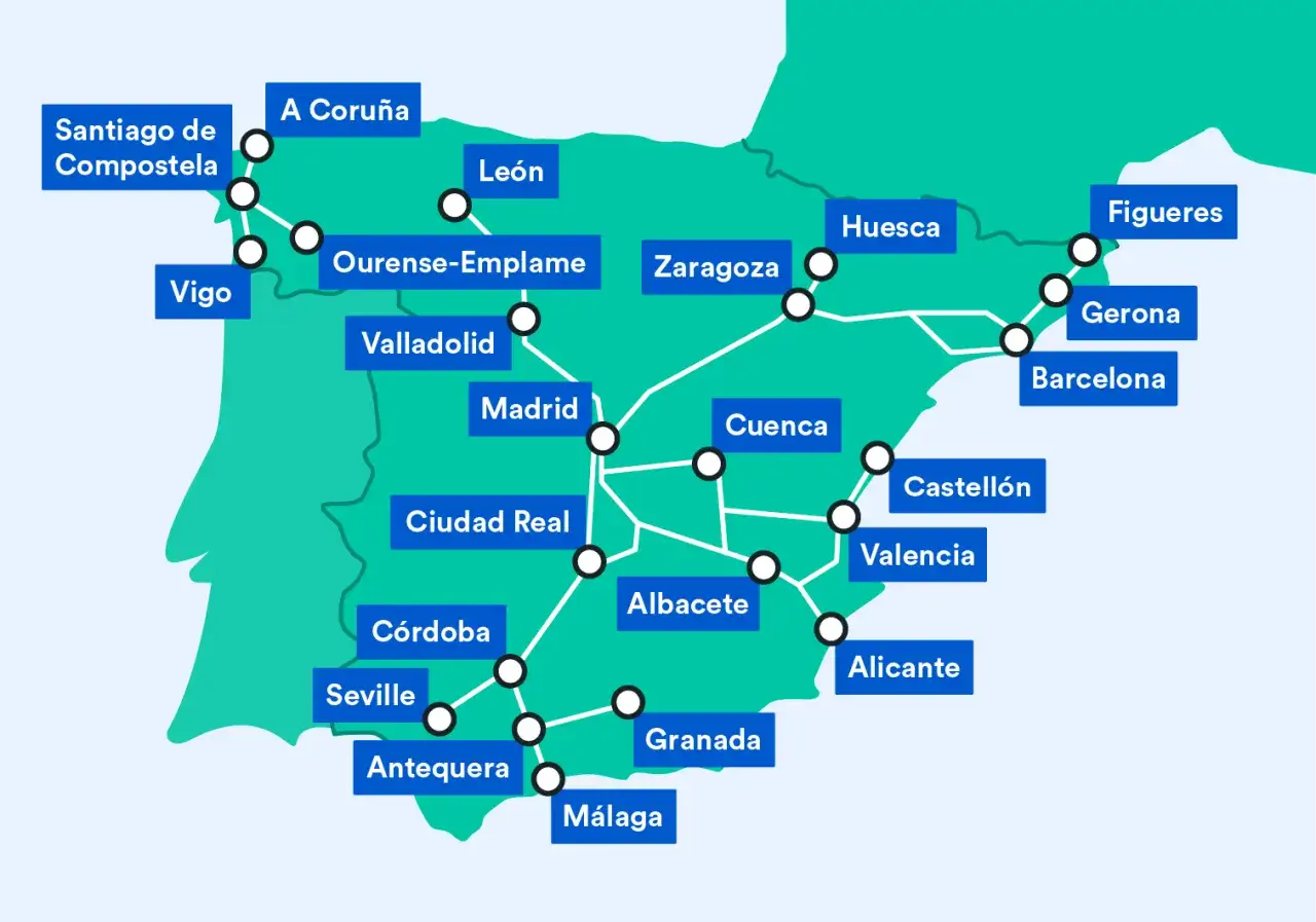 Karte zeigt Zugverbindungen in Spanien, von Santiago de Compostela bis Barcelona.