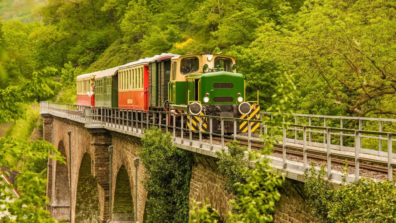 Gr&uuml;ne Lok mit roten Waggons f&auml;hrt &uuml;ber eine Steinbr&uuml;cke. Perfekt f&uuml;r Ausflugsziele mit der Bahn durch &uuml;ppige Natur.