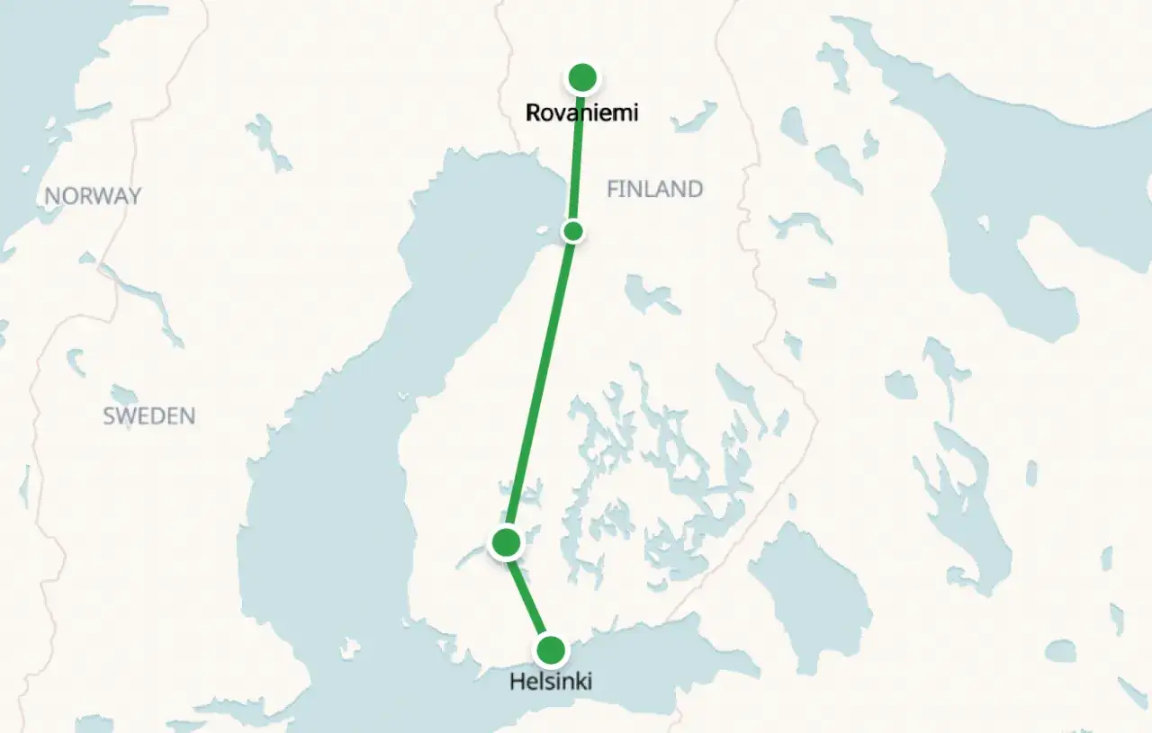 Karte von Finnland mit Zugverbindungen von Helsinki nach Rovaniemi.