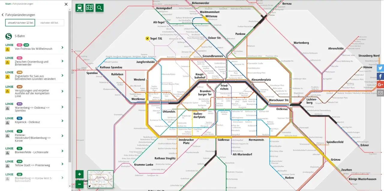 Berliner S-Bahn-Netz mit Linien und Stationen. Eine regionale Bahn ist auf der Karte zu sehen.