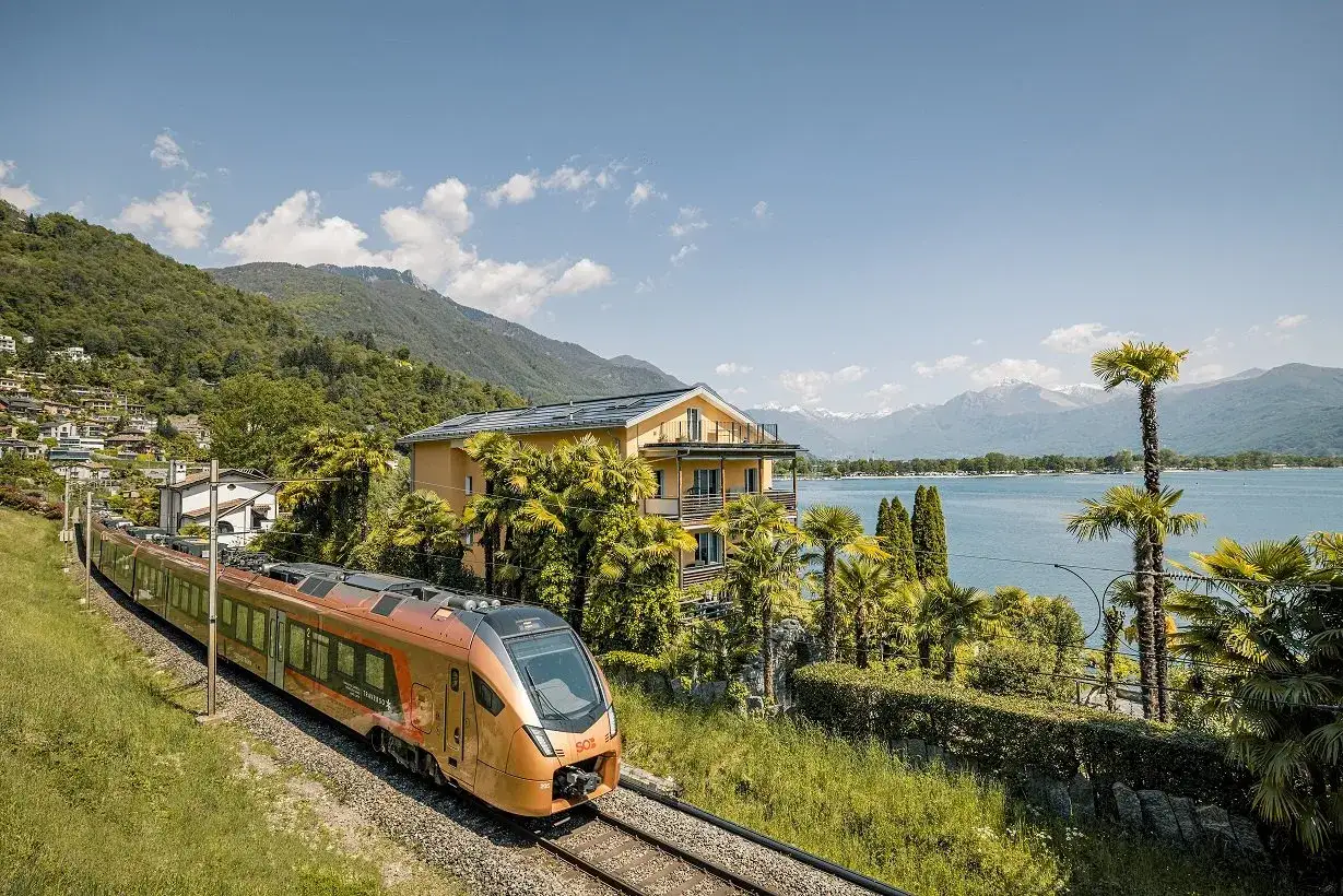 Ein moderner Zug fährt durch eine malerische Schweizer Landschaft mit Bergen, einem See und Palmen. Ein perfektes Erlebnis: mit dem Zug durch die Schweiz reisen.