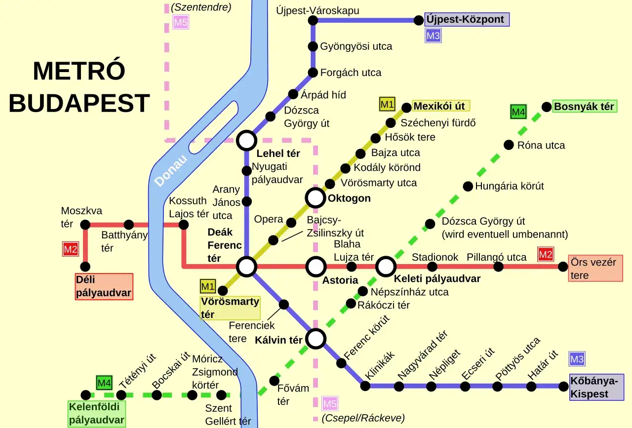 Linienplan des Budapester Metros mit den Linien M1, M2, M3, M4 und M5.