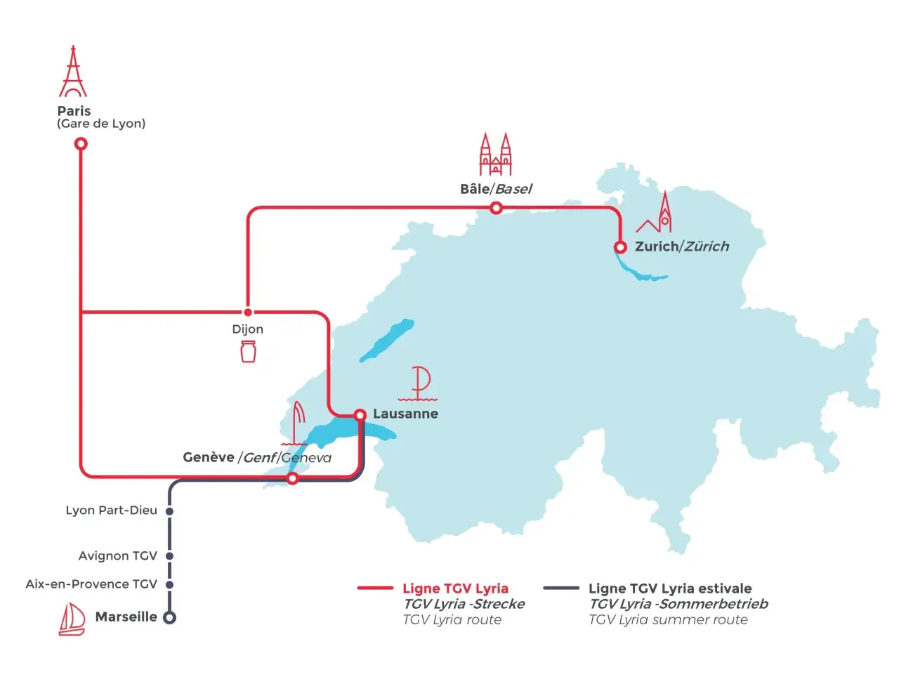 Karte zeigt TGV Lyria routes von Paris &uuml;ber Dijon und Genf nach Lausanne und Z&uuml;rich, sowie s&uuml;dliche TGV Lyria routes nach Marseille.