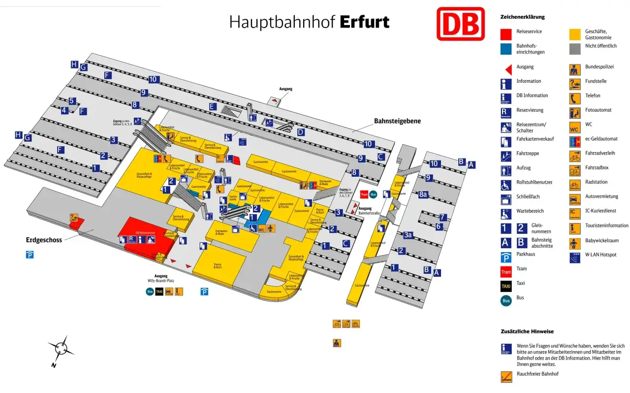 Plan des erfurter hauptbahnhofs mit Gleisen, Gesch&auml;ften und Serviceangeboten.