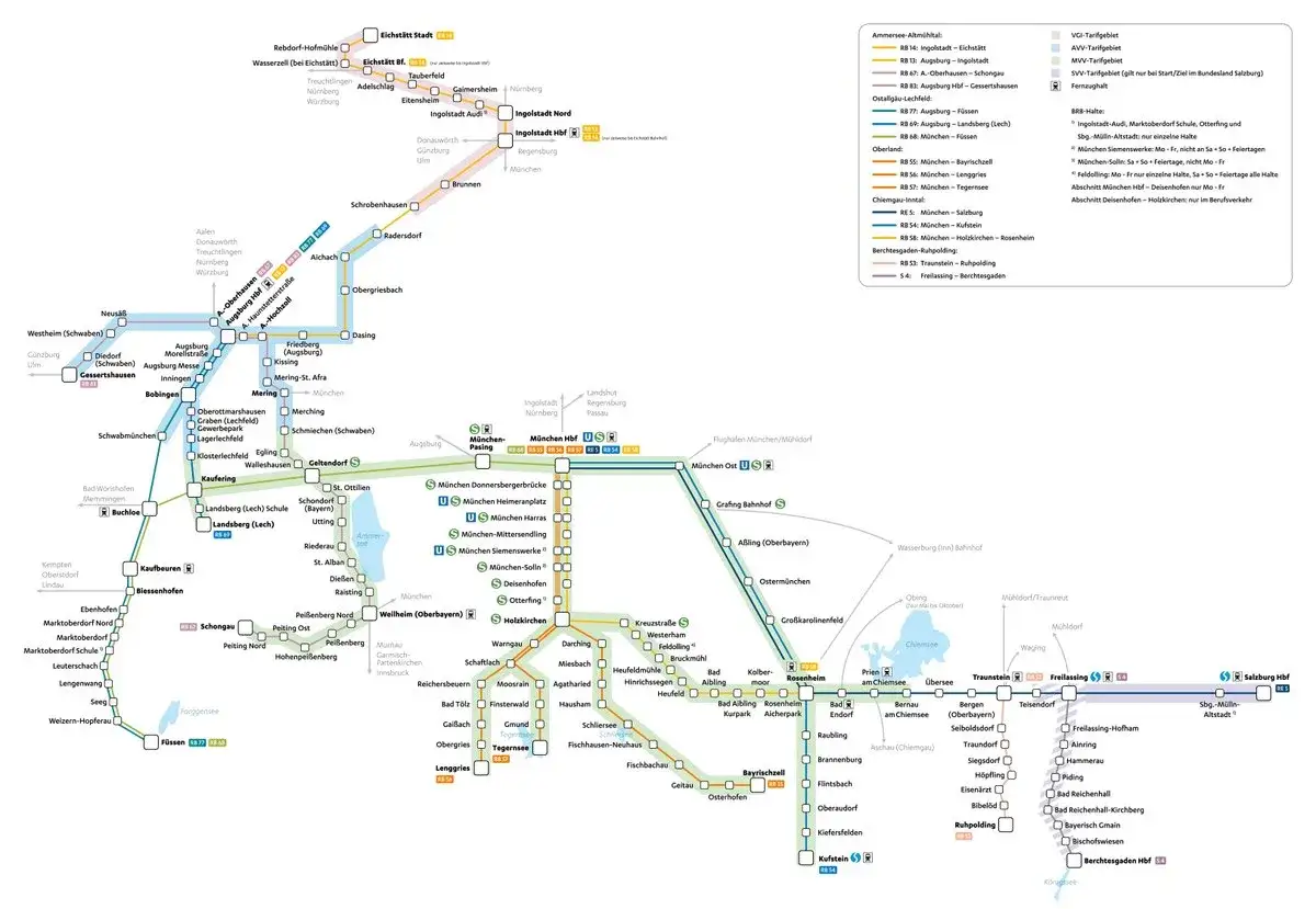 Liniennetz der bayerischen Regionen: Verbindungen von München über Augsburg und Ingolstadt bis nach Salzburg.