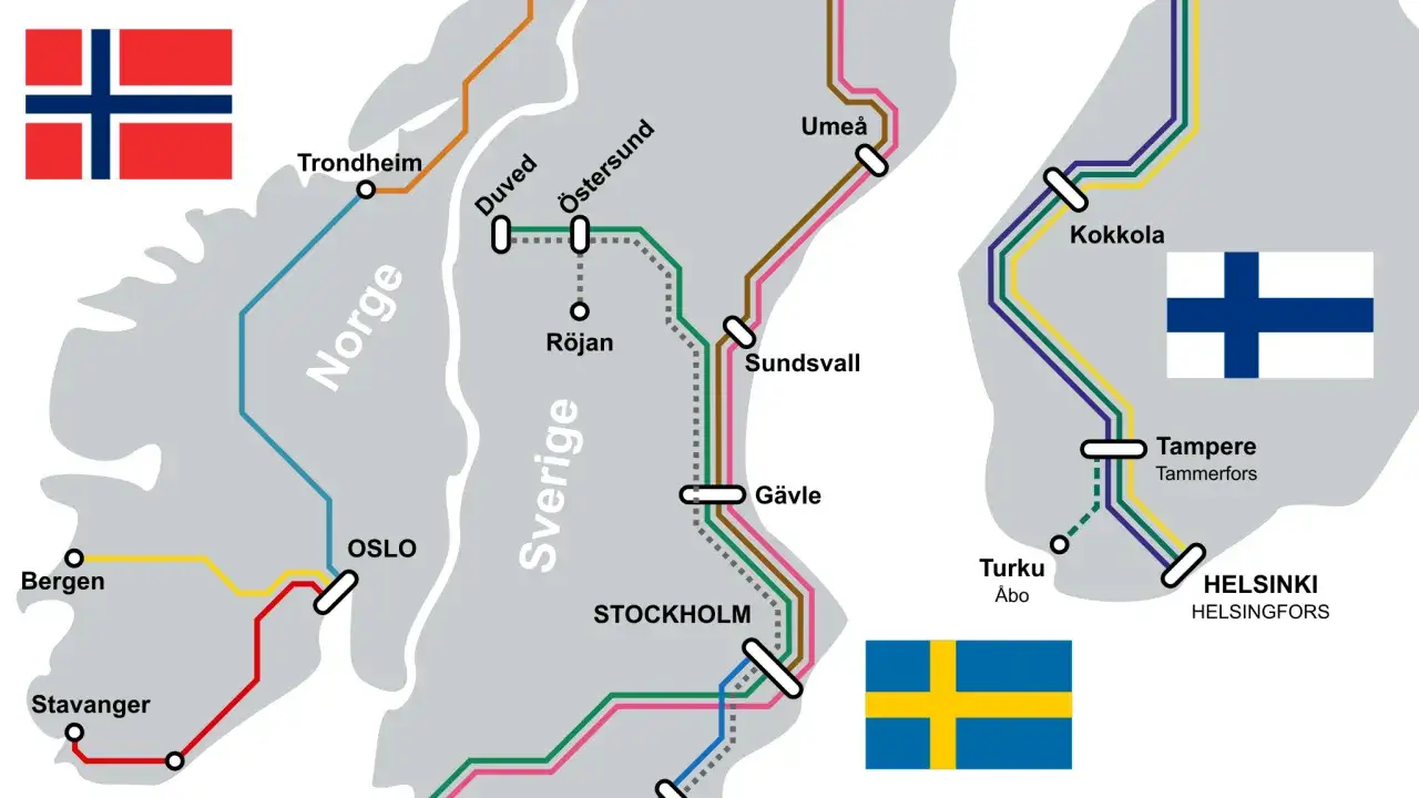 Karte zeigt Zugrouten in Skandinavien. Eine Linie verbindet Oslo mit Trondheim, eine andere führt durch Schweden, z.B. nach Stockholm.