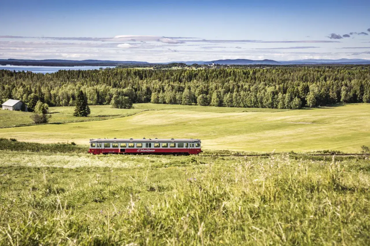 Roter Zug fährt durch grüne schwedische Landschaft, auf dem Weg von Stockholm nach Kiruna.