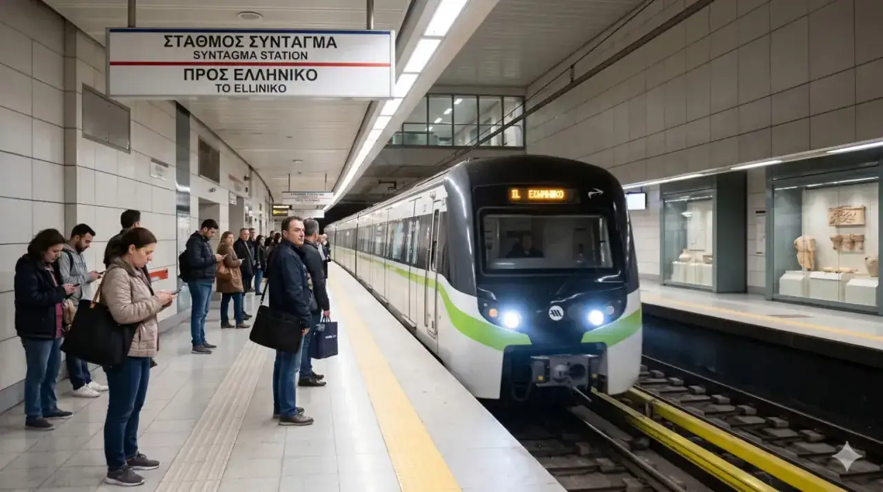 Menschen warten am Syntagma Station in Athen auf die U-Bahn. Im Hintergrund sind antike Artefakte in Vitrinen ausgestellt.