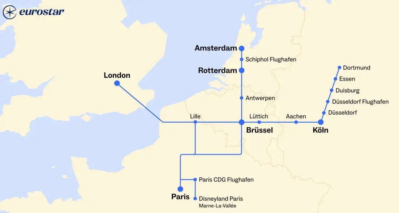 Eurostar-Streckenkarte: Thalys verbindet London mit Paris, Brüssel, Amsterdam, Rotterdam und Köln.