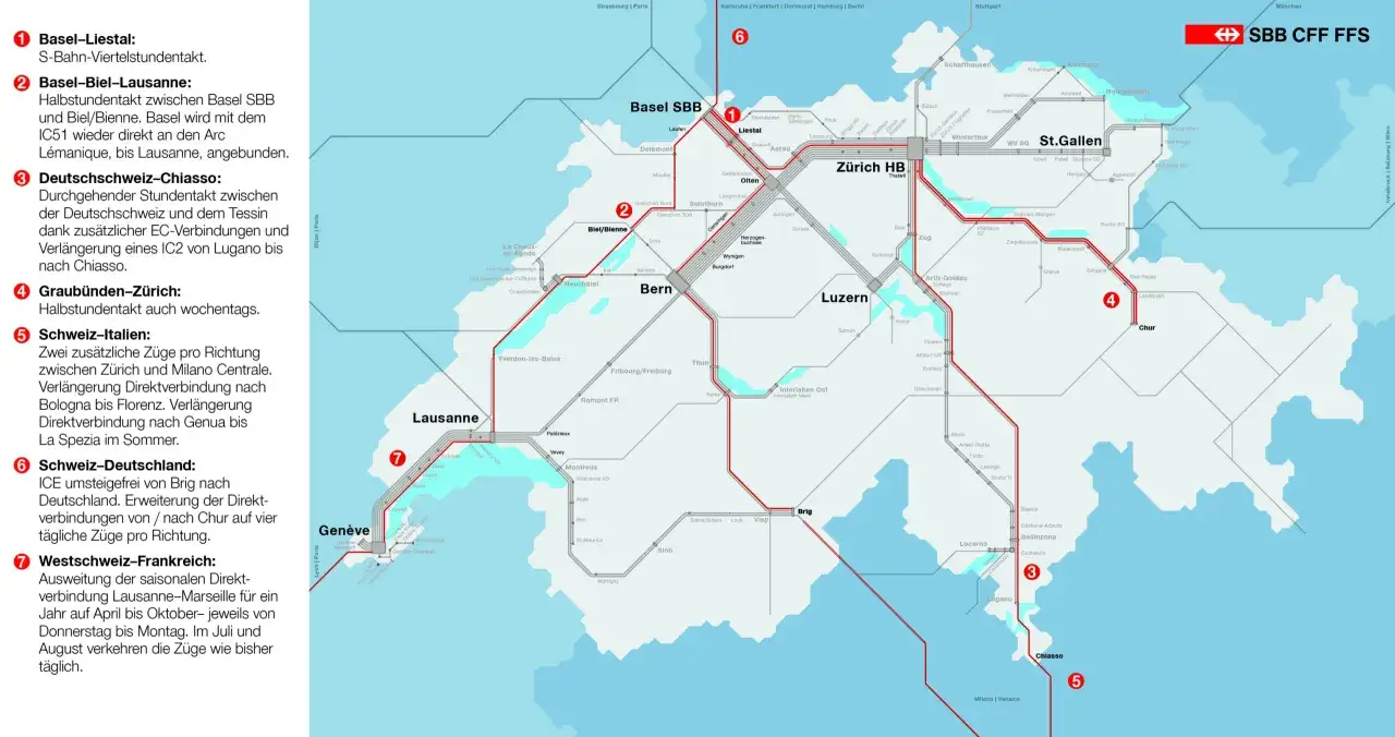 Das Streckennetz der SBB CFF FFS zeigt Verbindungen in der Schweiz und ins Ausland.