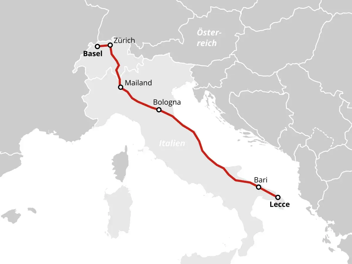 Karte einer Zugreise durch Italien: Von Z&uuml;rich &uuml;ber Mailand und Bologna bis nach Lecce.