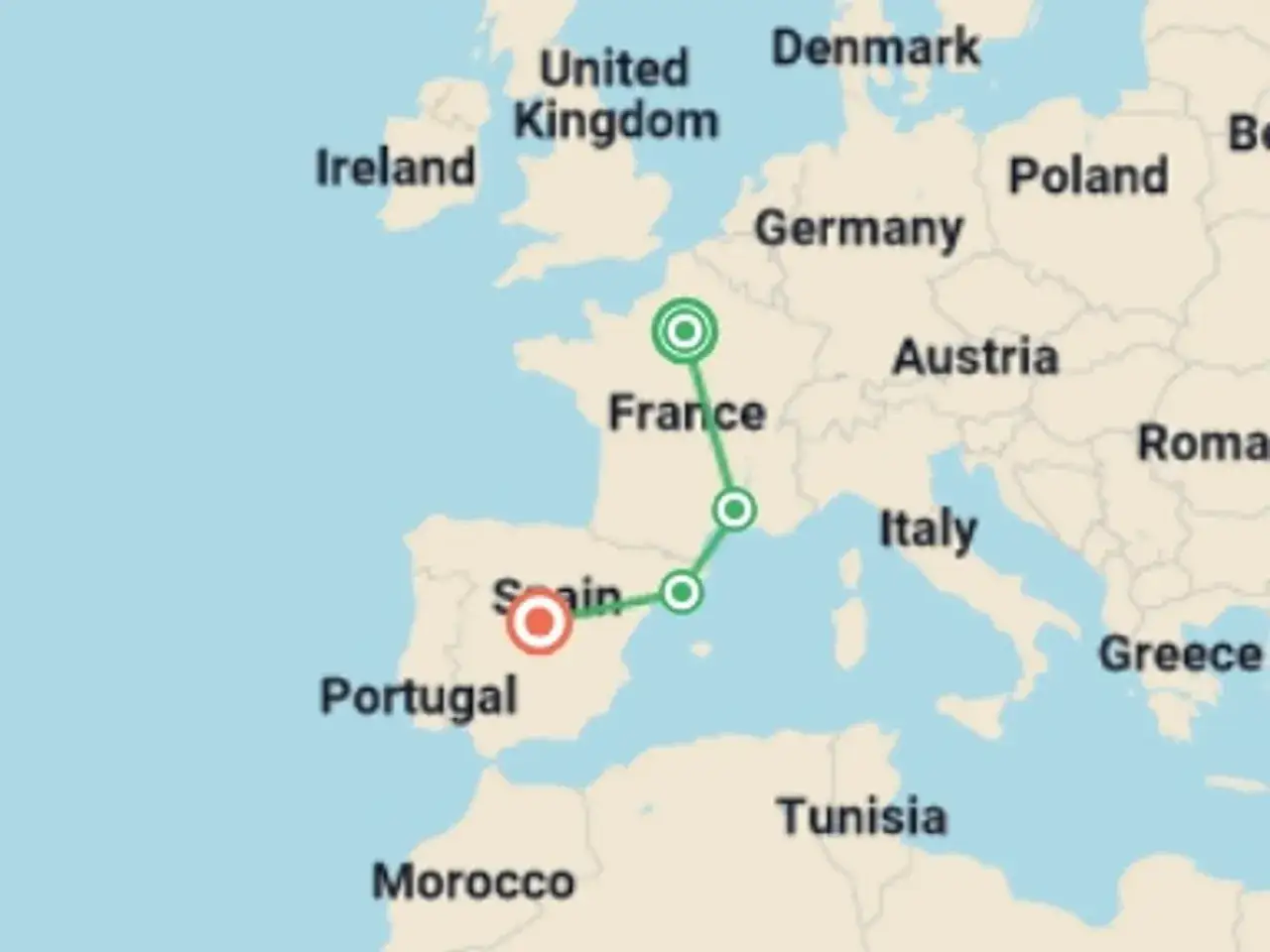 Karte zeigt eine Zugroute von Madrid nach Paris mit Zwischenstopps in Frankreich.