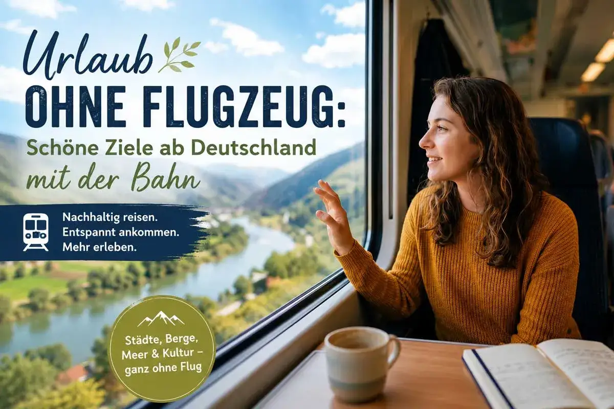 Frau genie&szlig;t den Ausblick aus dem Zugfenster auf eine Flusslandschaft. Perfekt f&uuml;r einen Kurztrip mit Zug, um Deutschland nachhaltig zu entdecken.
