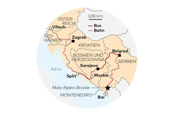 Karte zeigt Bahnstrecken der kroatischen Eisenbahnen von Villach über Zagreb, Split und Mostar nach Bar.