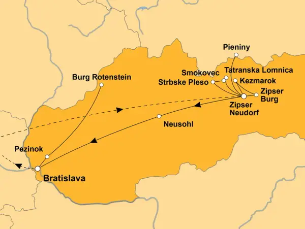Karte einer Zugreise durch die Slowakei: von Bratislava über Burg Rotenstein und Neusohl bis zu den Hohen Tatra-Orten wie Tatranska Lomnica und Zipser Burg.
