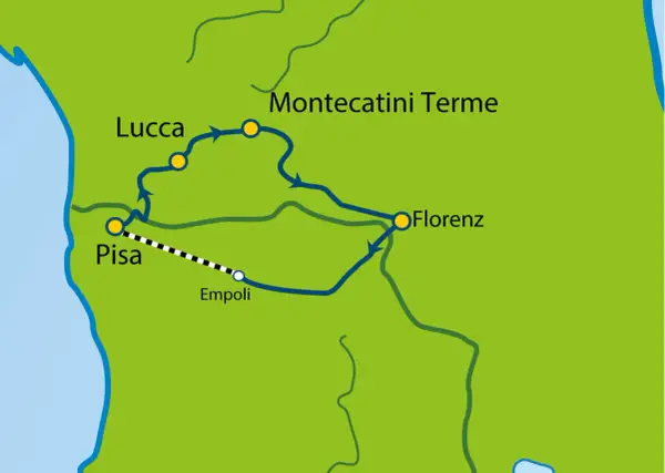 Karte zeigt Zugroute von Pisa über Lucca und Montecatini Terme nach Florenz.
